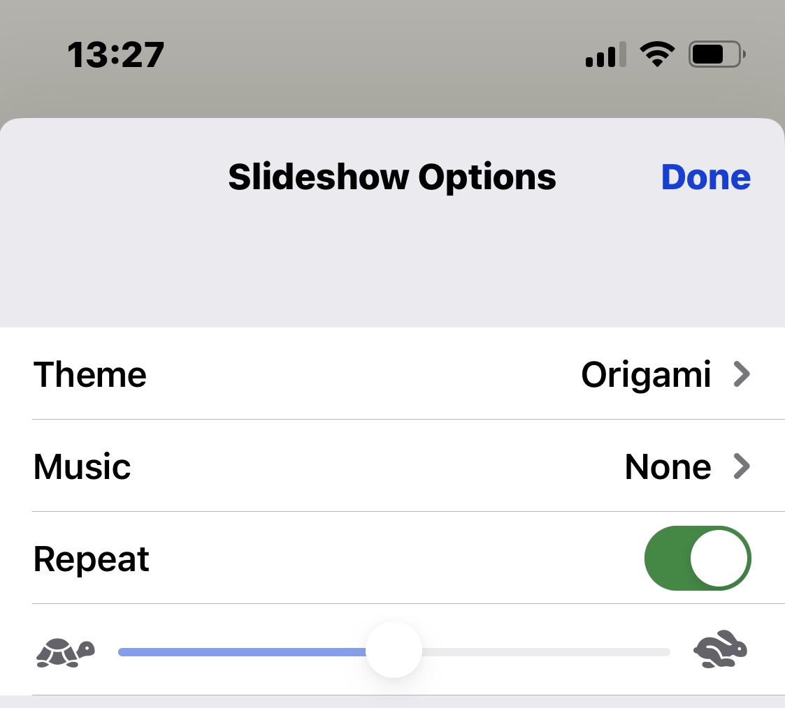 iphone slideshow options repeat theme music