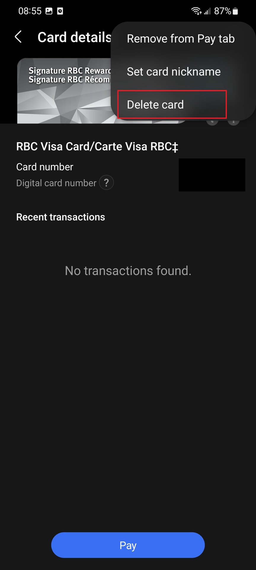 samsung pay delete card