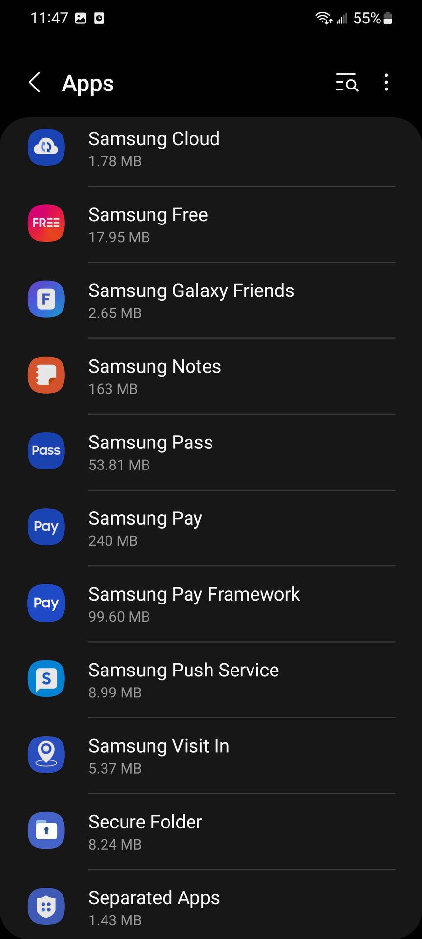 samsung settings app list