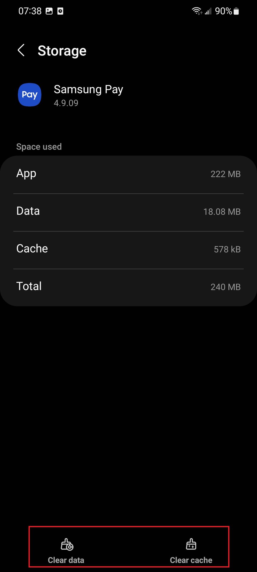 samsung settings pay clear cache storage