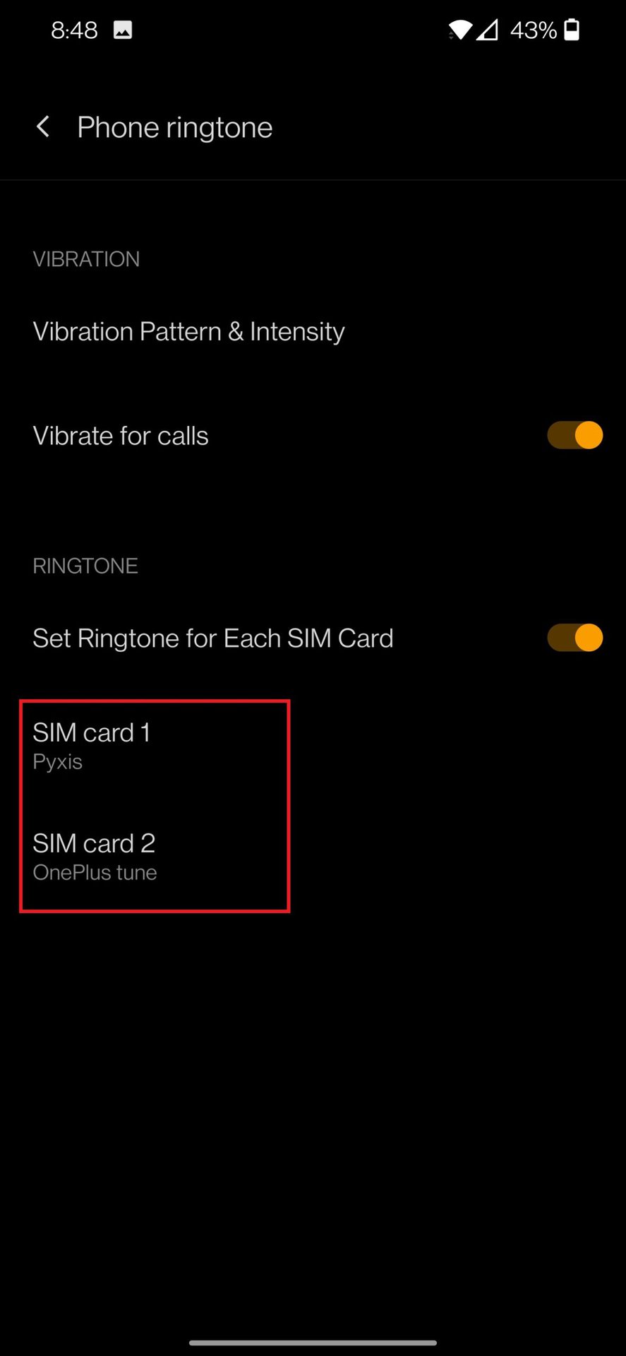 settings select ringtone for dual sim
