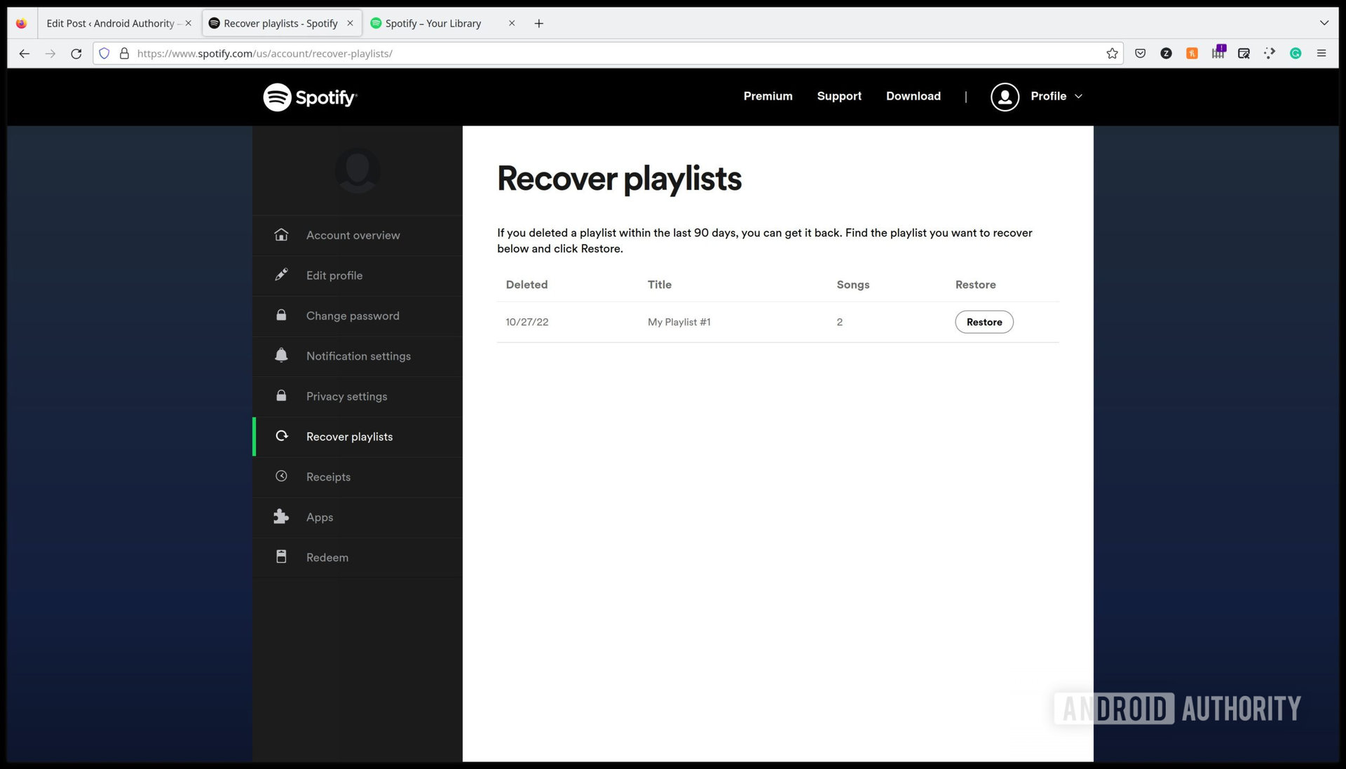 Скриншот страницы восстановления удаленных плейлистов Spotify.