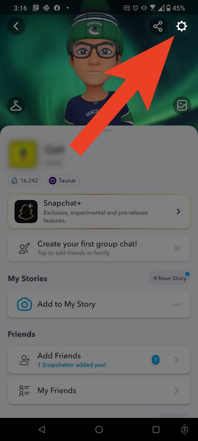 tap gear shaped icon in the top right corner snapchat