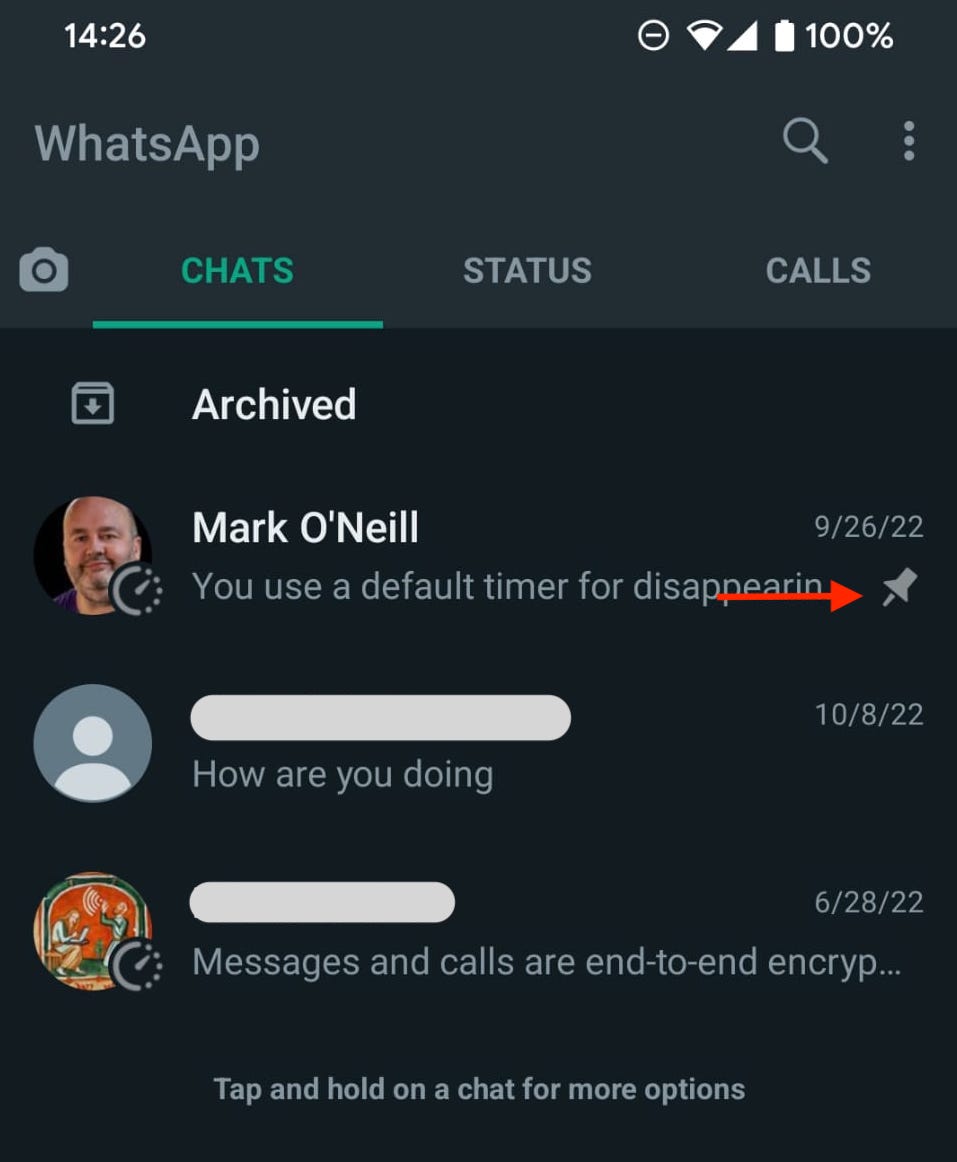 whatsapp android chat pinned