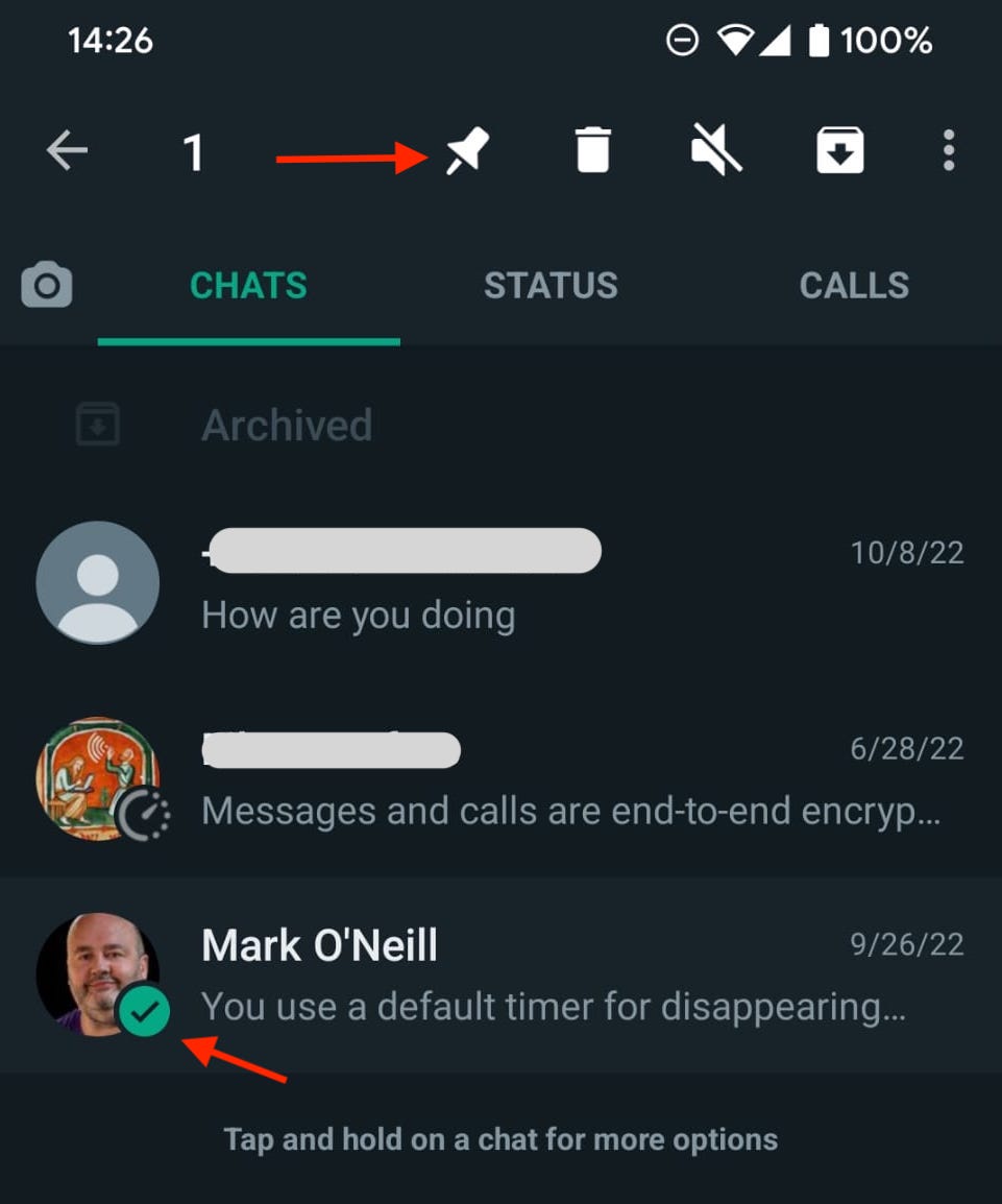 WhatsApp Android удерживайте, чтобы закрепить чат