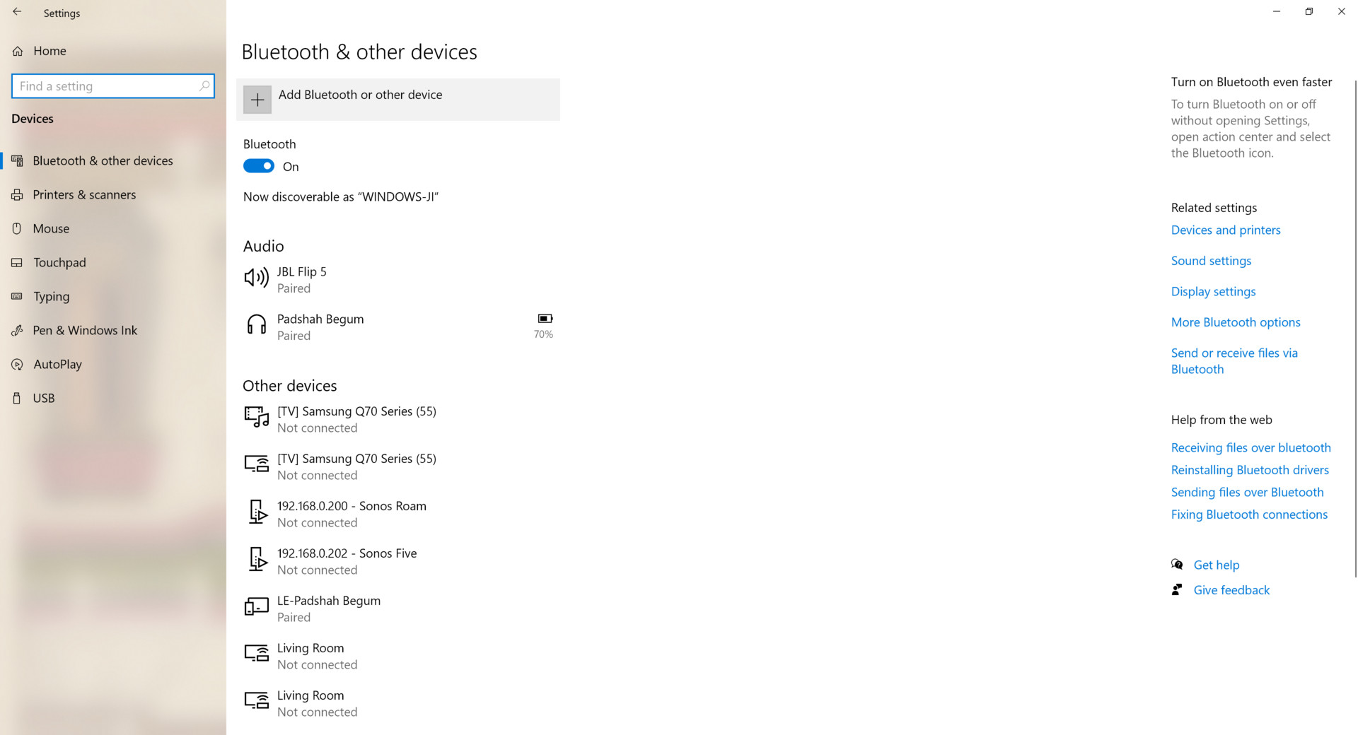 A screenshot of the Windows Bluetooth settings page.