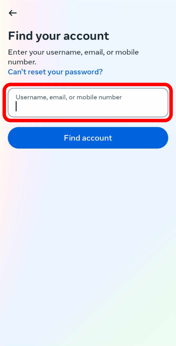 Instagram app find your account username box