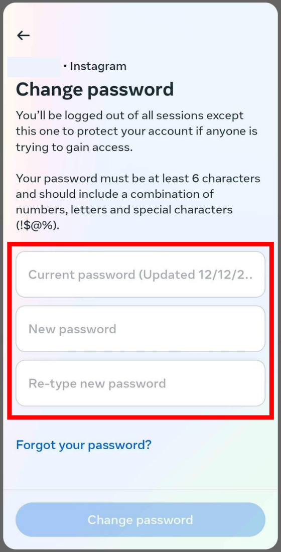 instagram app settings change password