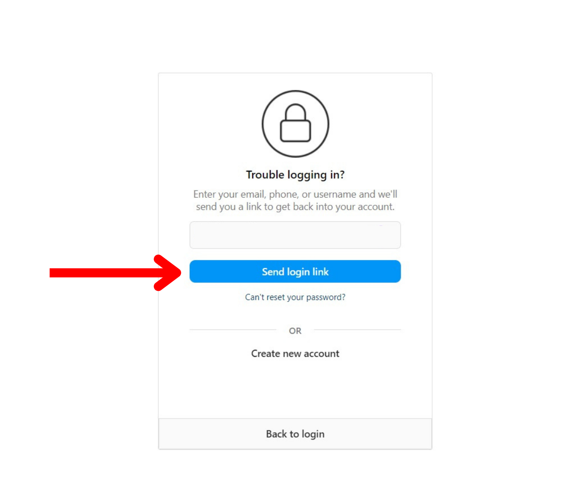 instagram website login page email send the link button