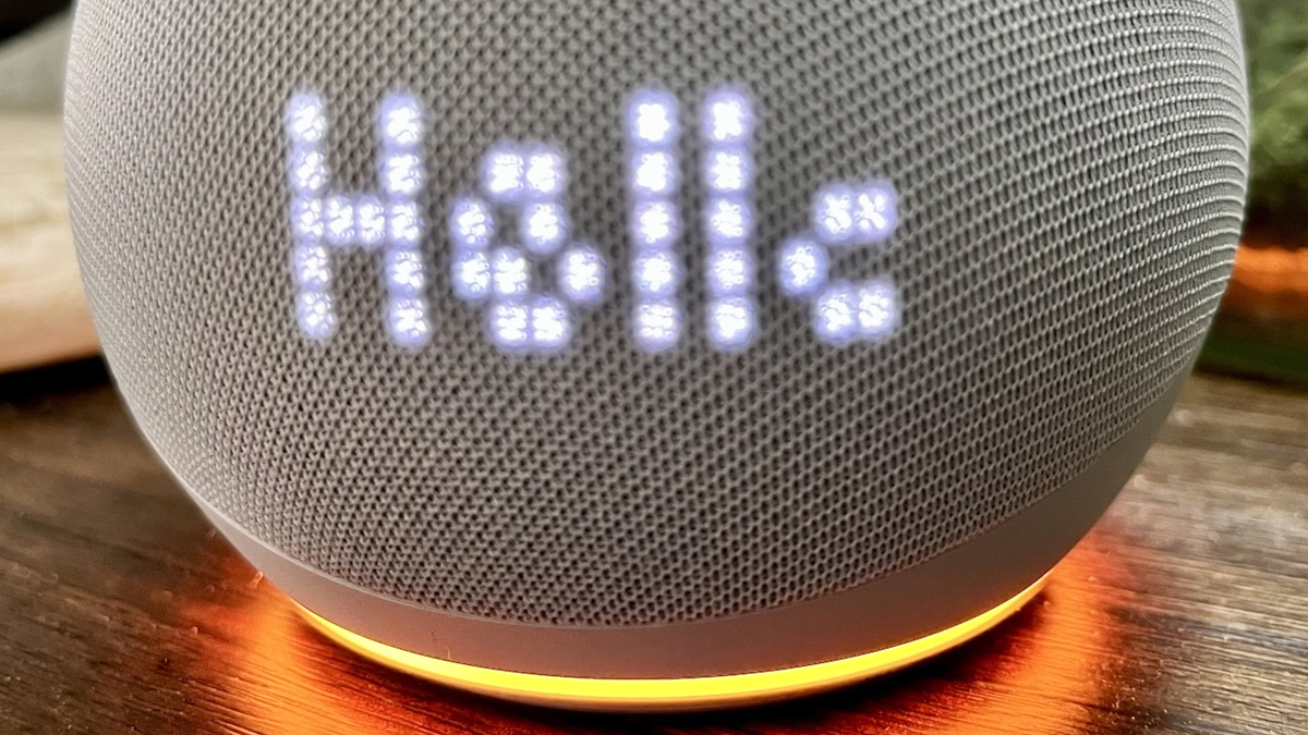 A close up on an orange ring on the 5th gen Echo Dot