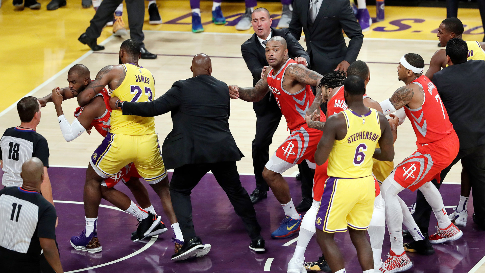 An NBA brawl between the Lakers and Rockets