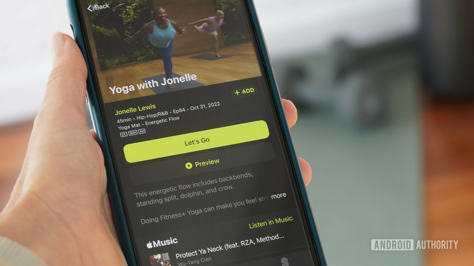 An iPhone user reviews the workout information for a Yoga class with Jonelle.