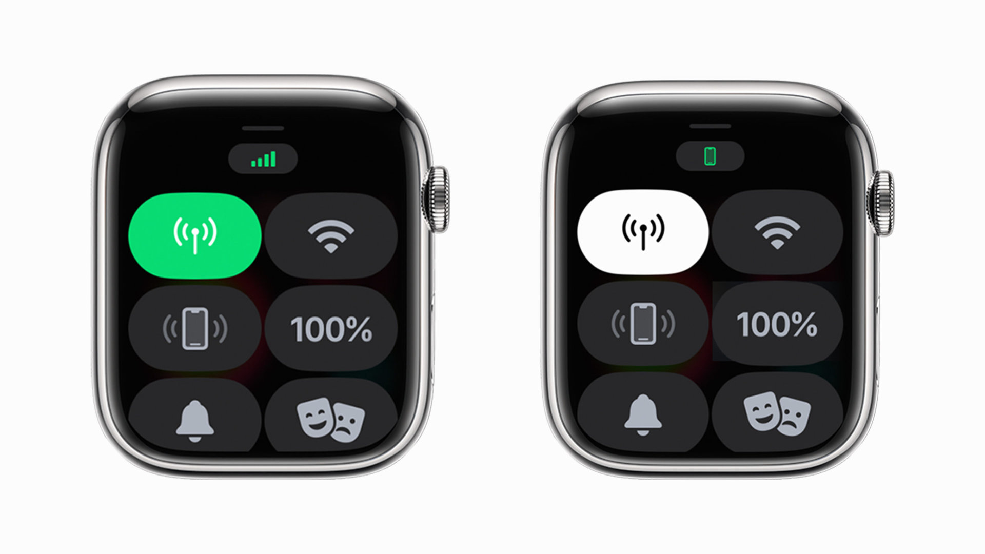 Dua ilustrasi Apple Watch menampilkan kemungkinan ikon Sinyal Seluler yang akan ditemukan pengguna dengan data di panel kontrol mereka.