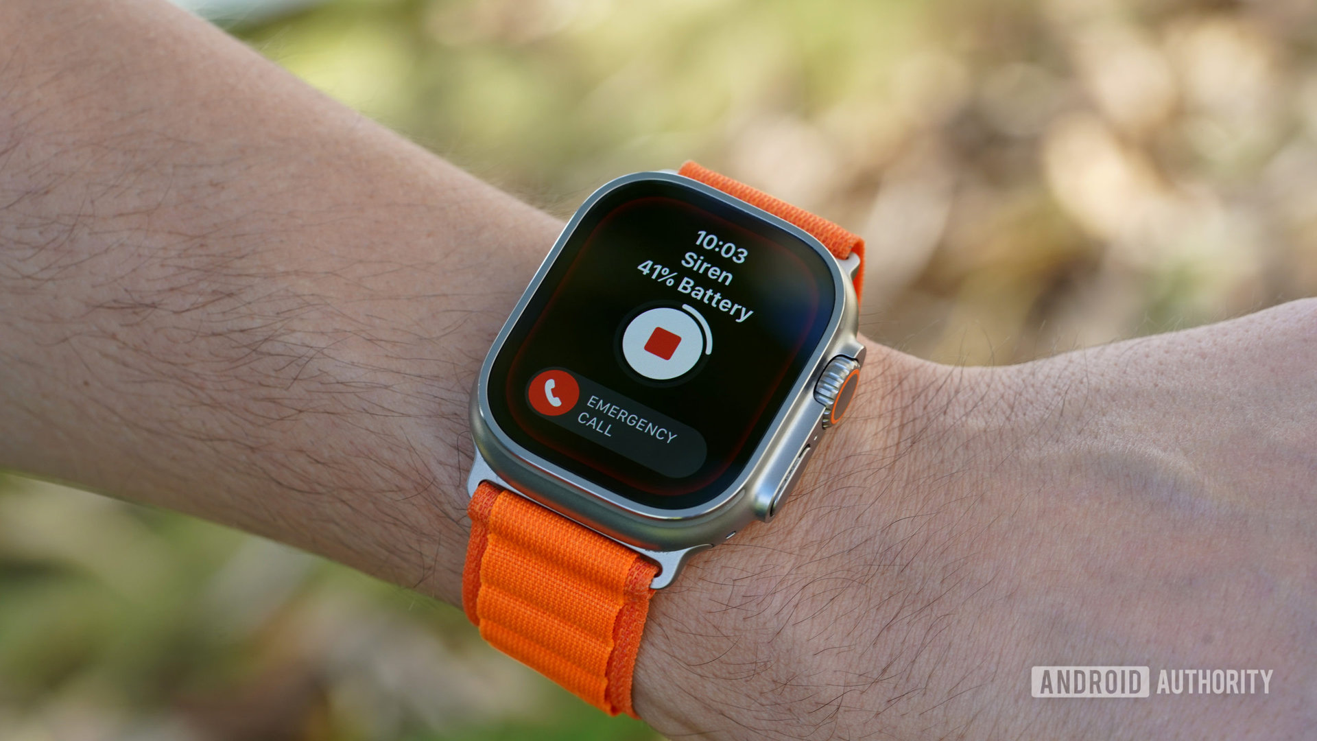 An Apple Watch Ultra on a user's wrists displays the countdown for Siren.