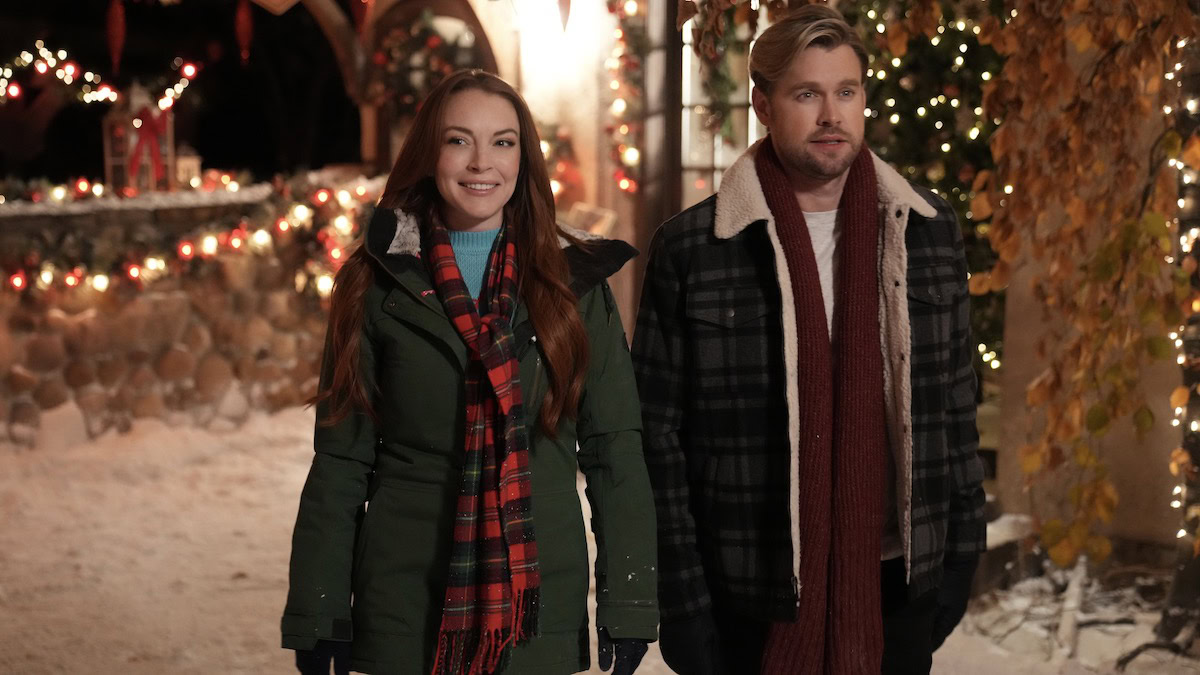 Lindsay Lohan as Sierra and Chord Overstreet as Jake in Falling for Christmas