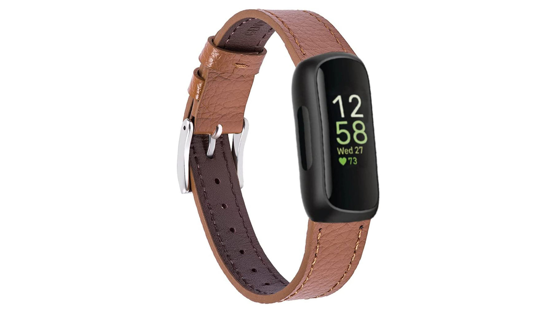 A Fitbit Inspire 3 leather replacement band from Voma in brown.