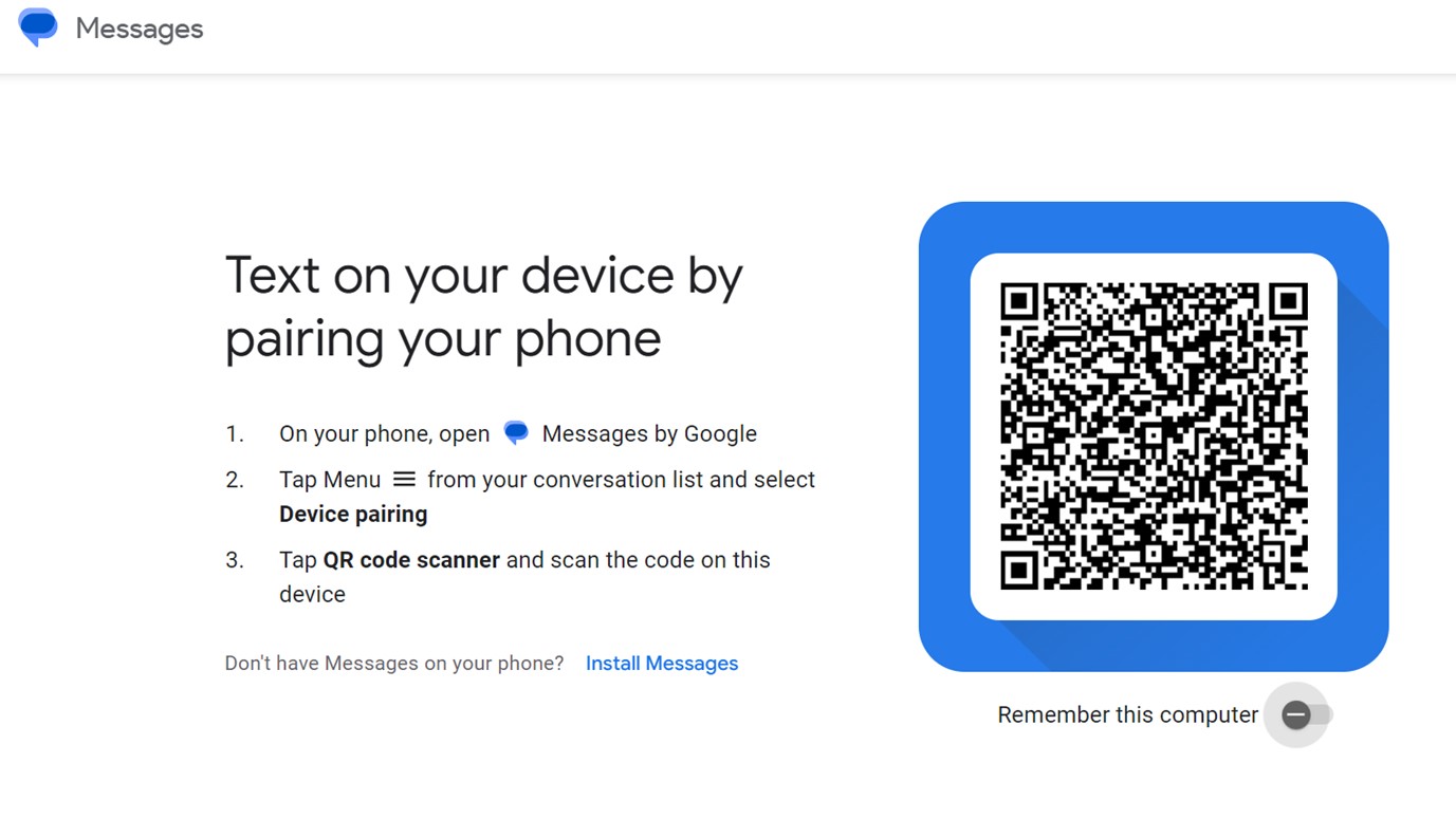 Google Messages web authorization screen