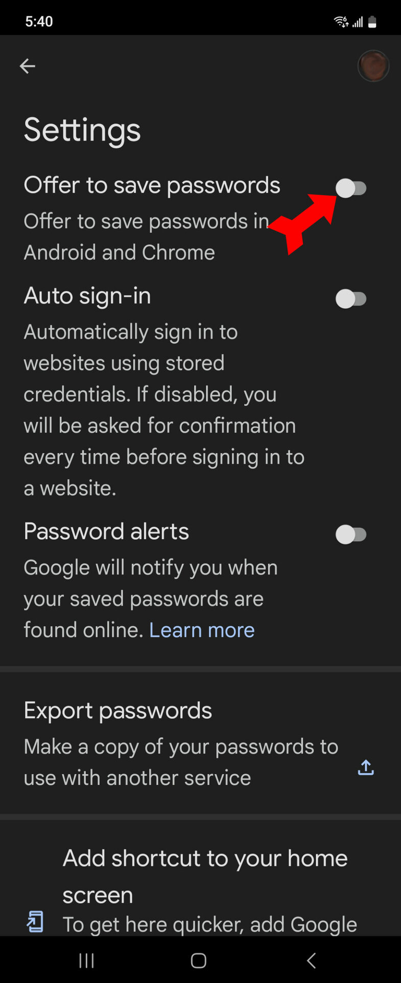 Google Password Manager Phone Settings Page