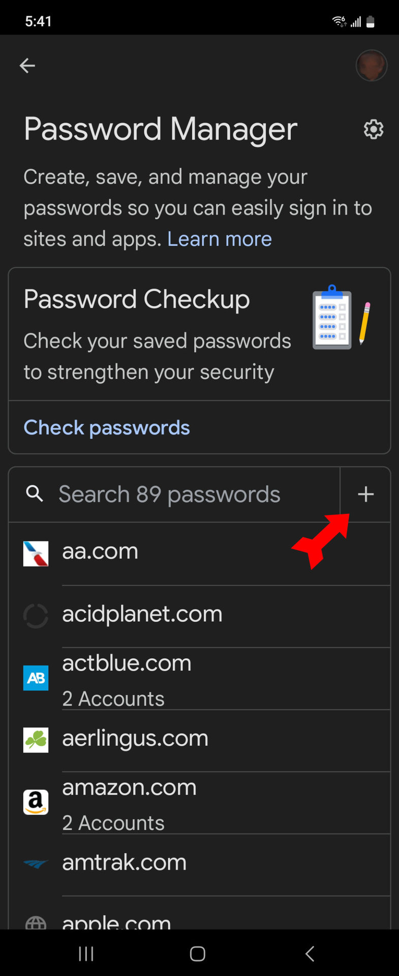 Google Password Manager Phone Tap Plus Sign