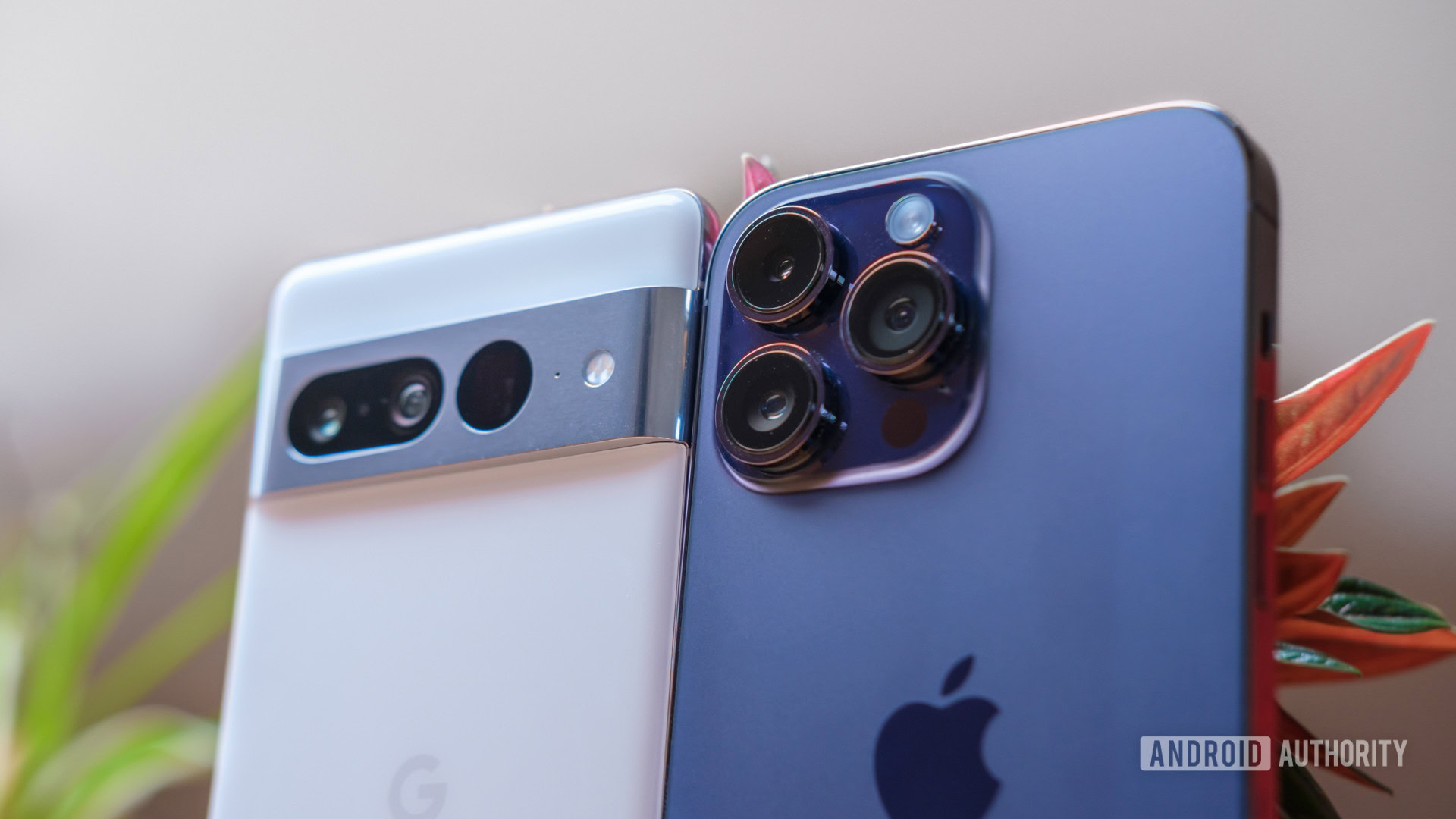 Google Pixel 7 Pro vs Apple iPhone 14 Pro Max backs angled