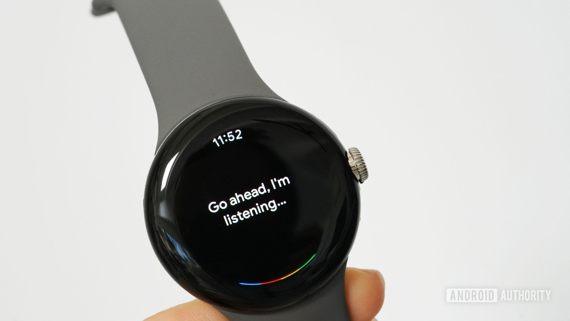 A Google Pixel Watch displays the Google Assistant.