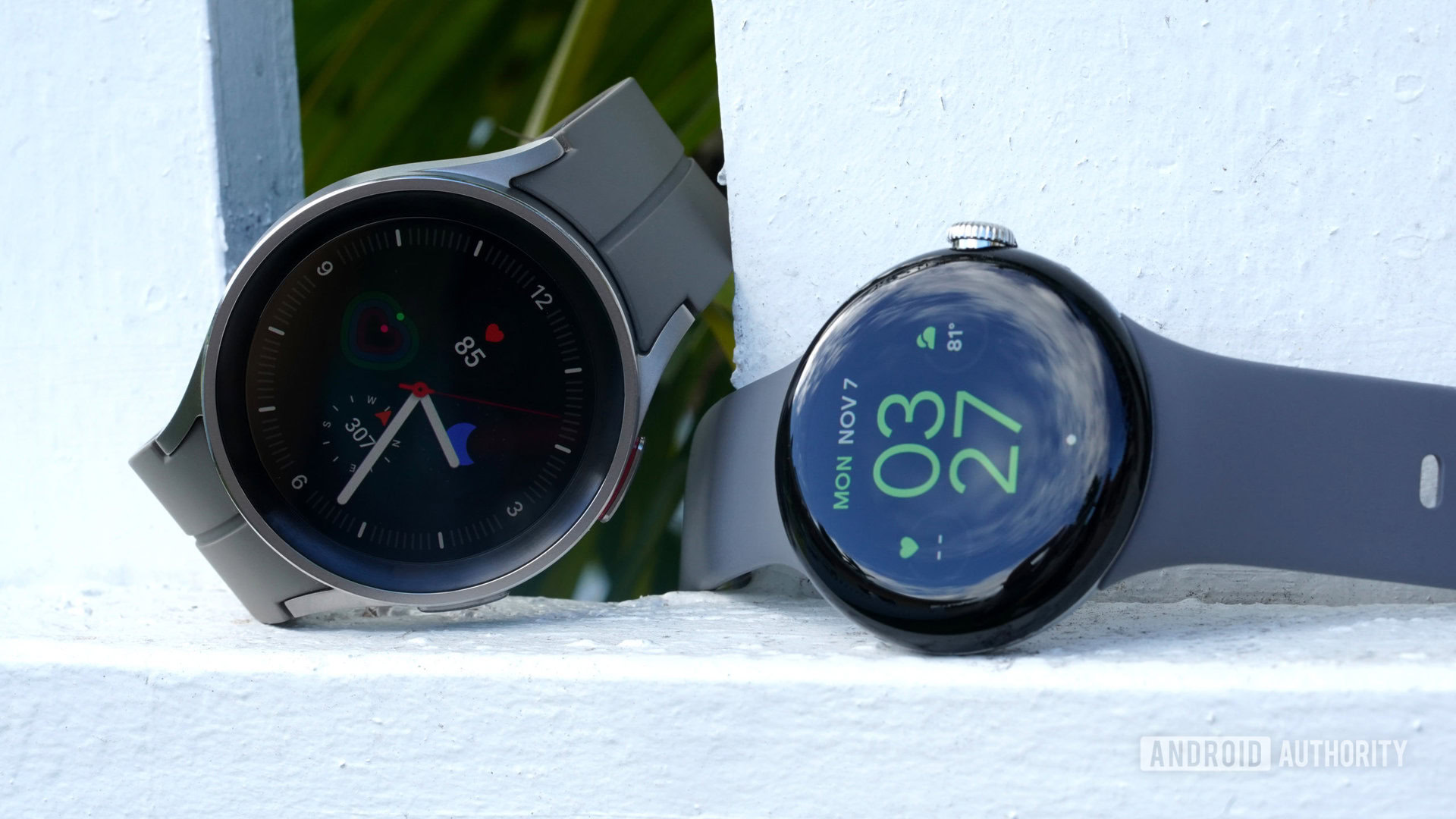 The Google Pixel watch sits alongside the Galaxy Watch 5 pro.