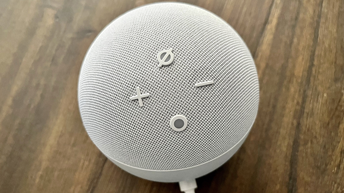 Head on view of the buttons on the 5th gen Echo Dot