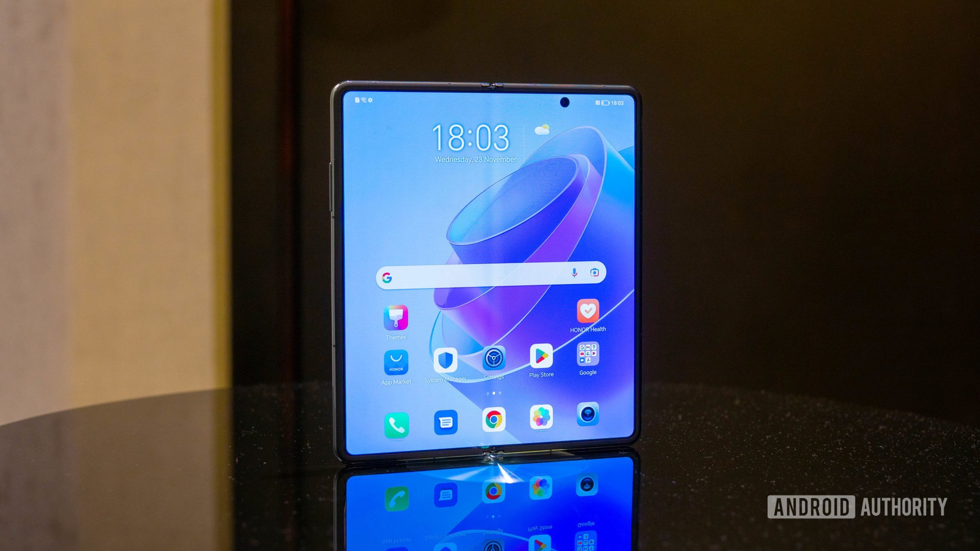 Honor Magic Vs home screen on open internal display standing on a table