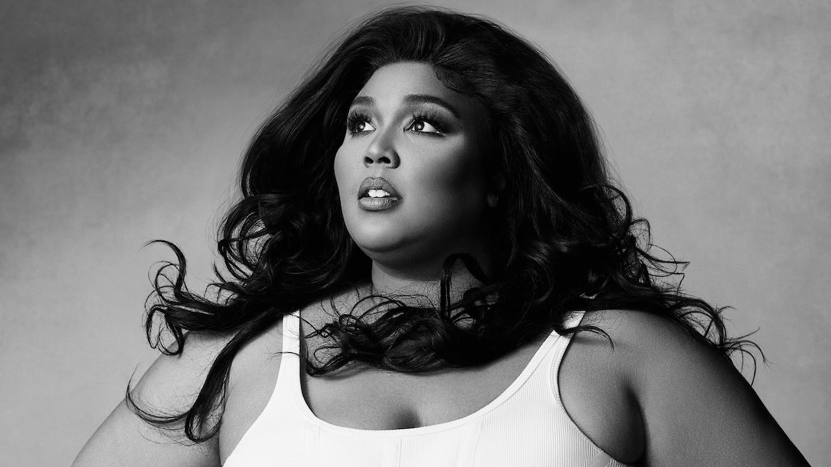 Portrait of Lizzo in black and white in Love, Lizzo