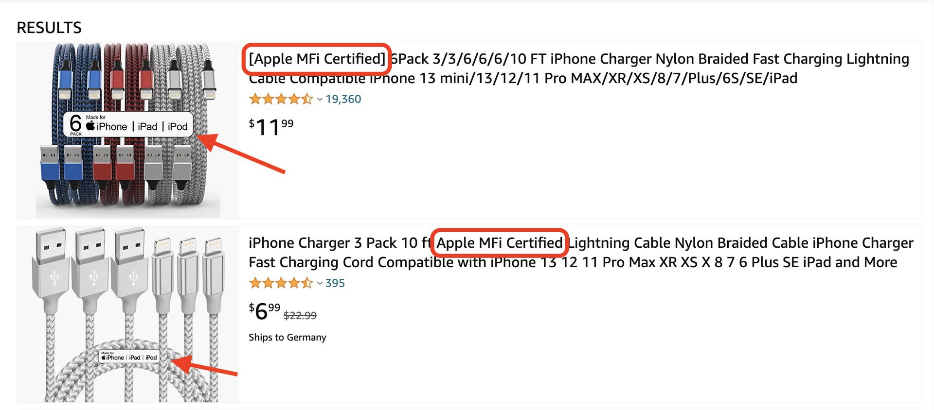 MFi iPhone cables from Amazon