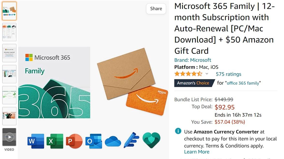 Microsoft 365 Family 12 month Subscription and 50 Amazon Gift Card deal Amazon 2