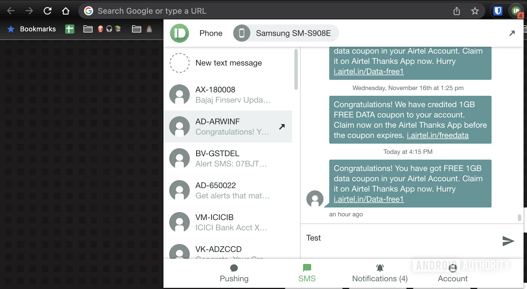 Pushbullet SMS sync