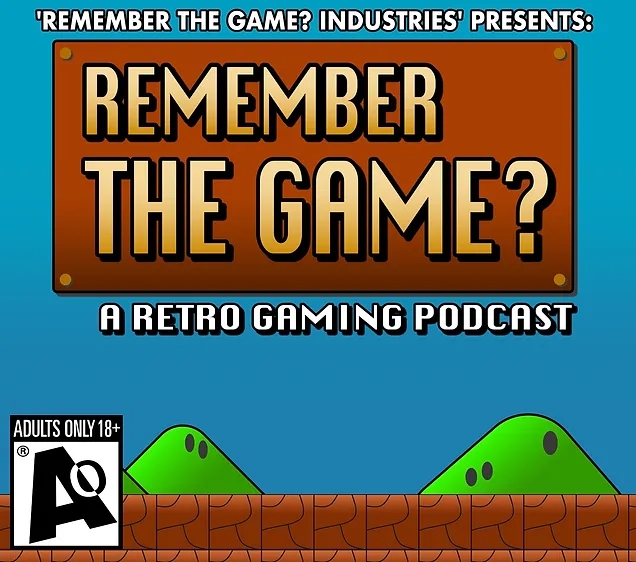 The logo of the The Remember The Game podcast showing the name of the show isnide of a logo that resembles the Super Mario Bros game.