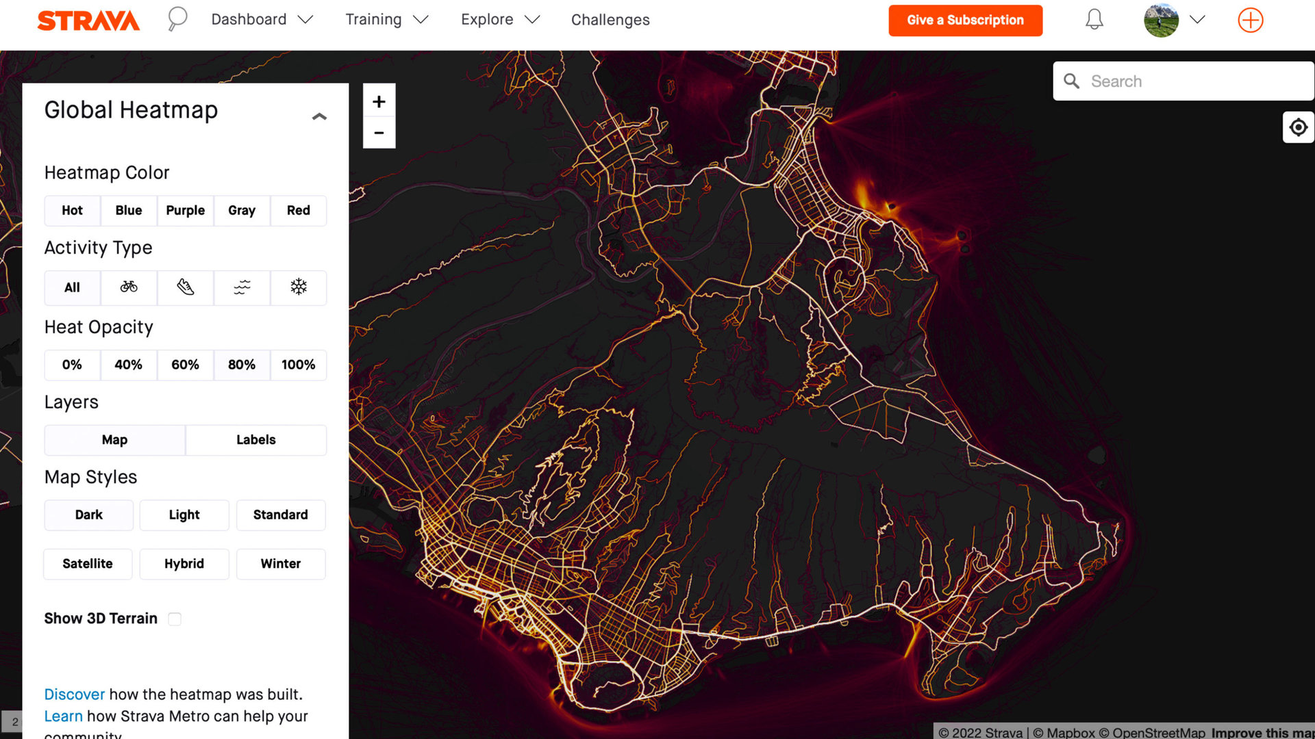 The Strava Global Heatmap illustrated activity on land and off the coast of windward Oahu.