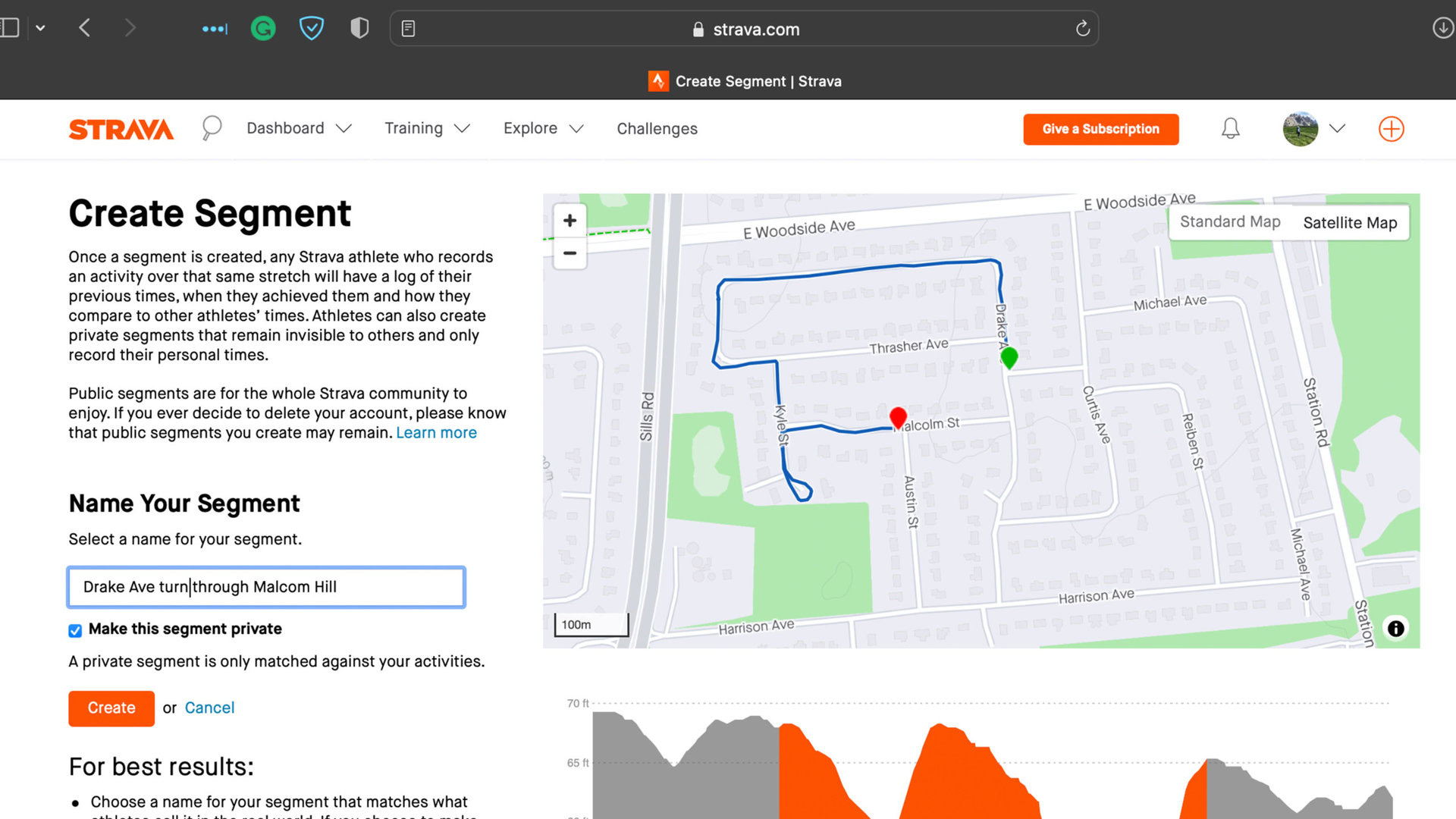 A Strava user names their created segment.