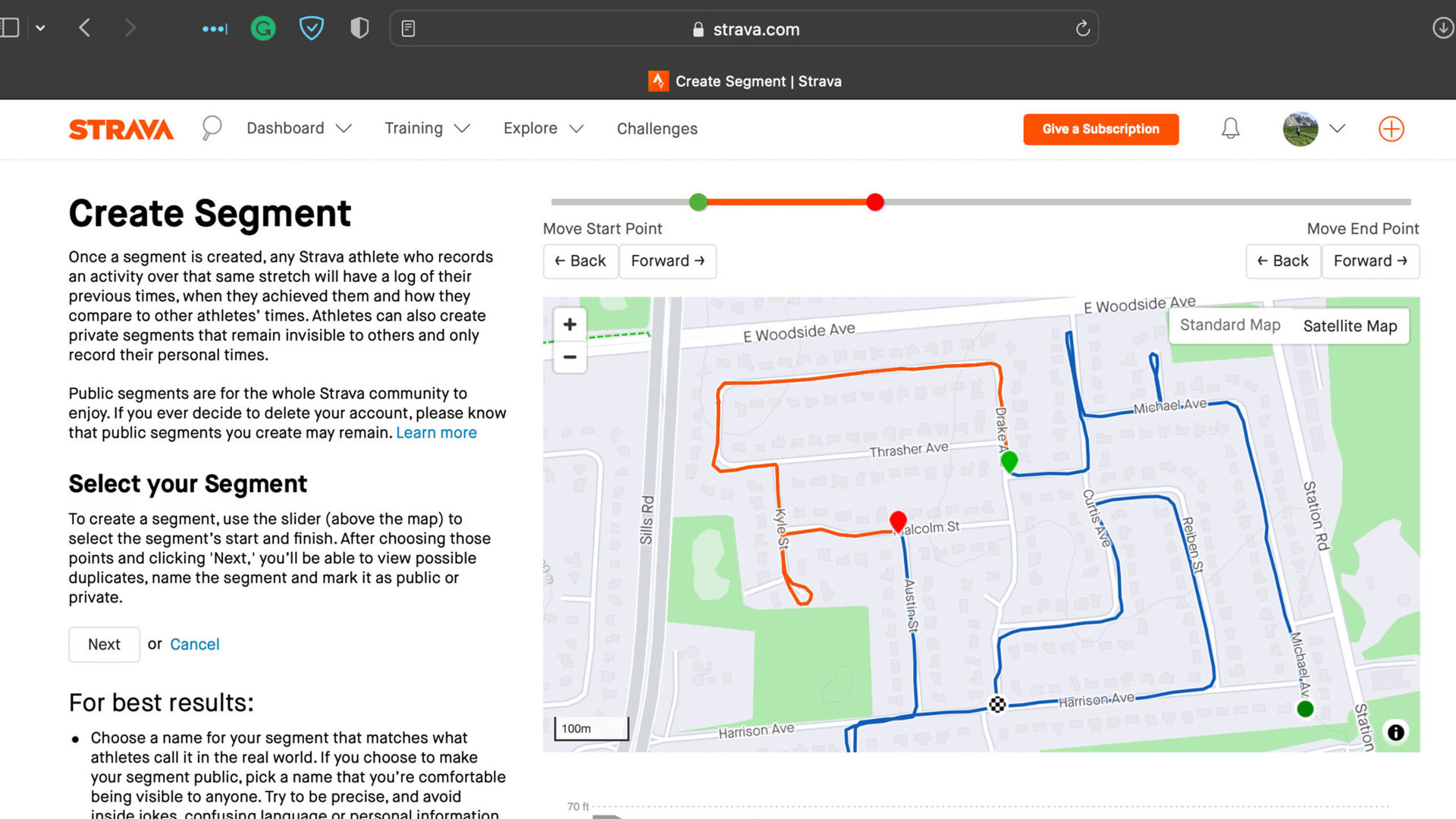 Strava users use the Create Segment dashboard to set the start and end points for their segments.