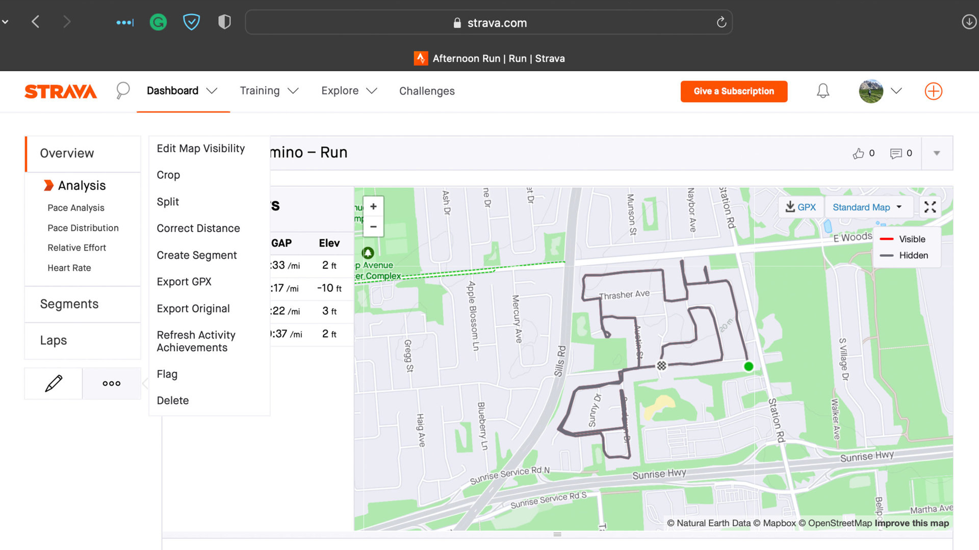 A user's Strava Dashboard displays an Activity with the ellipses menu expanded.