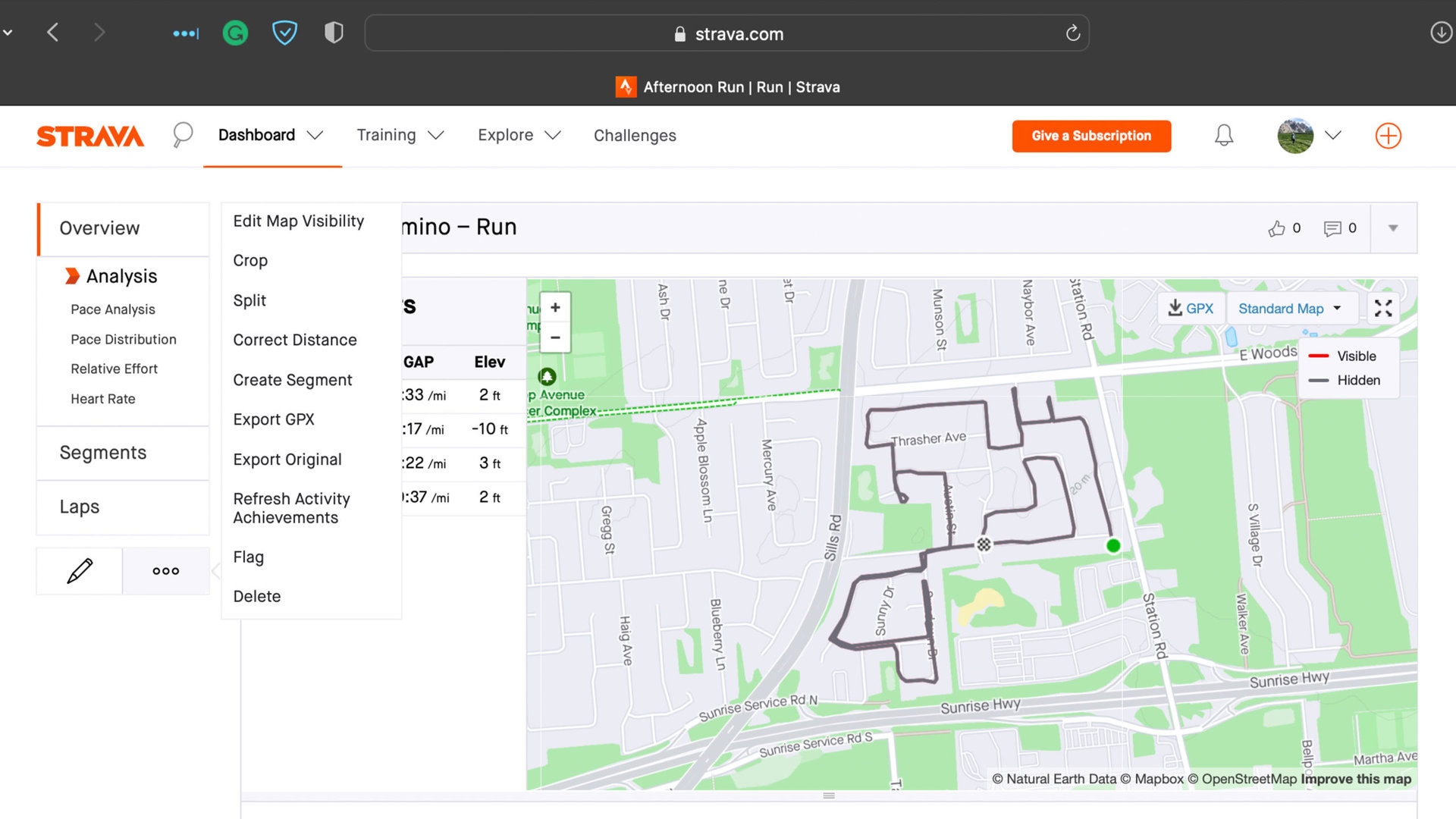 The Strava dashboard shows the user an activity with the delete menu expanded.