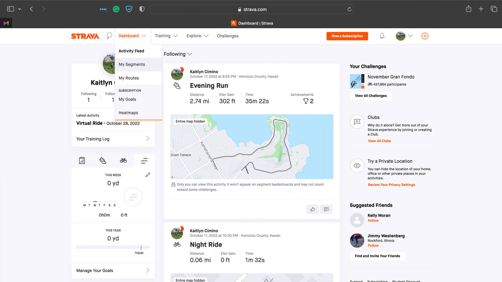 The Strava Dashboard menu contains a My Segments option.