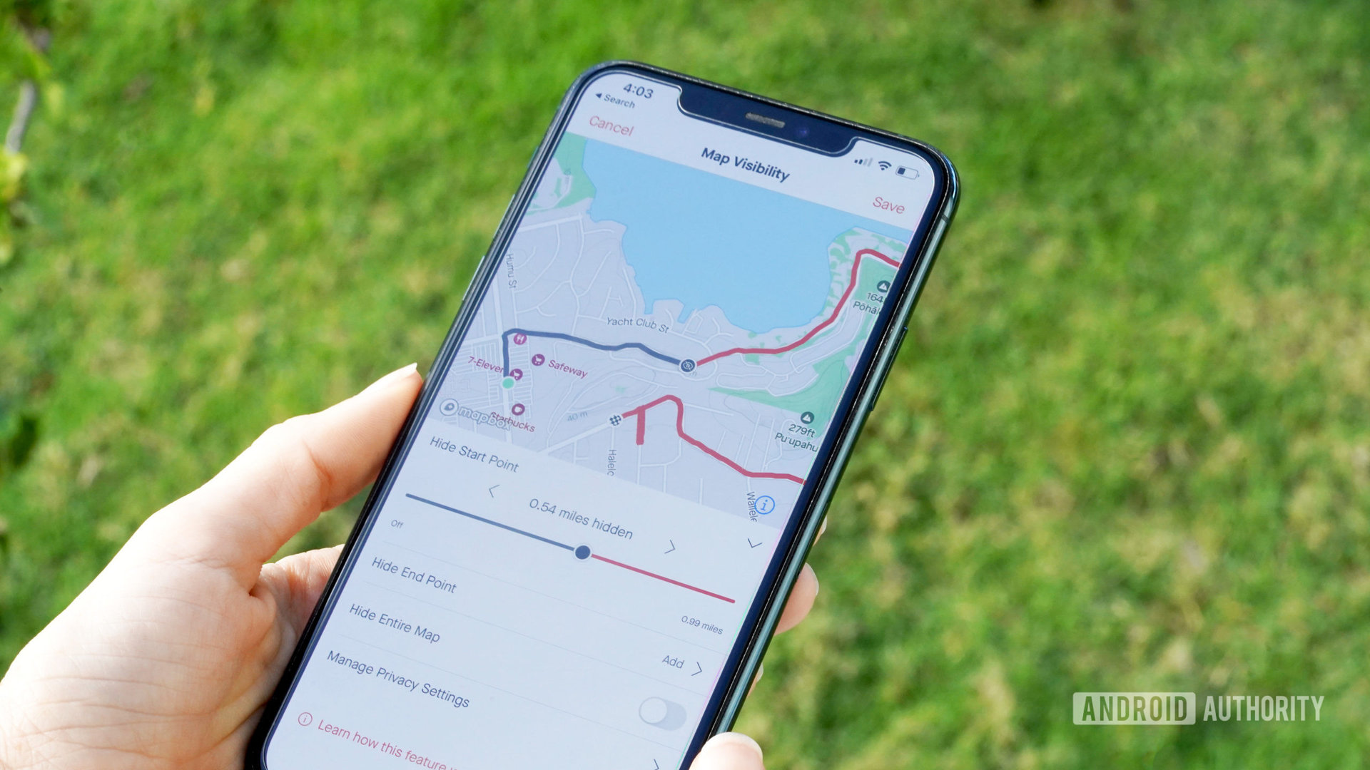 An iPhone user reviews their Map Visibility preferences in the Strava app.
