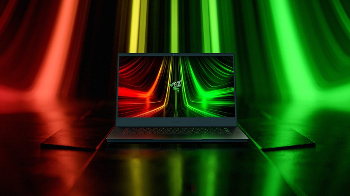 The 2022 Razer Blade 17 surrounded by colors