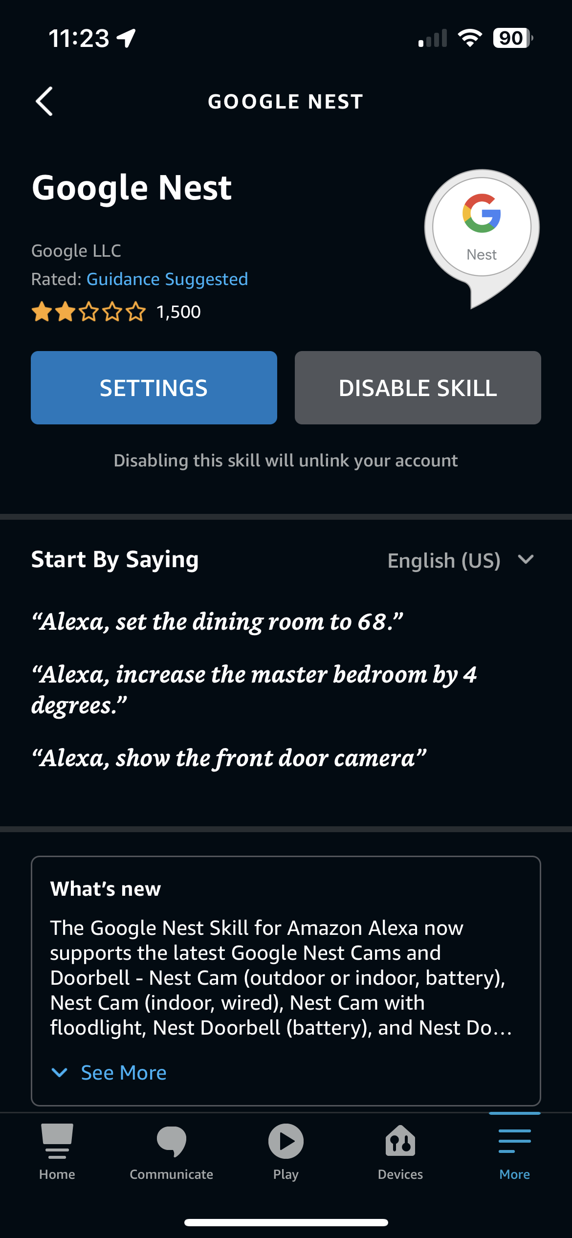 The Google Nest Alexa skill