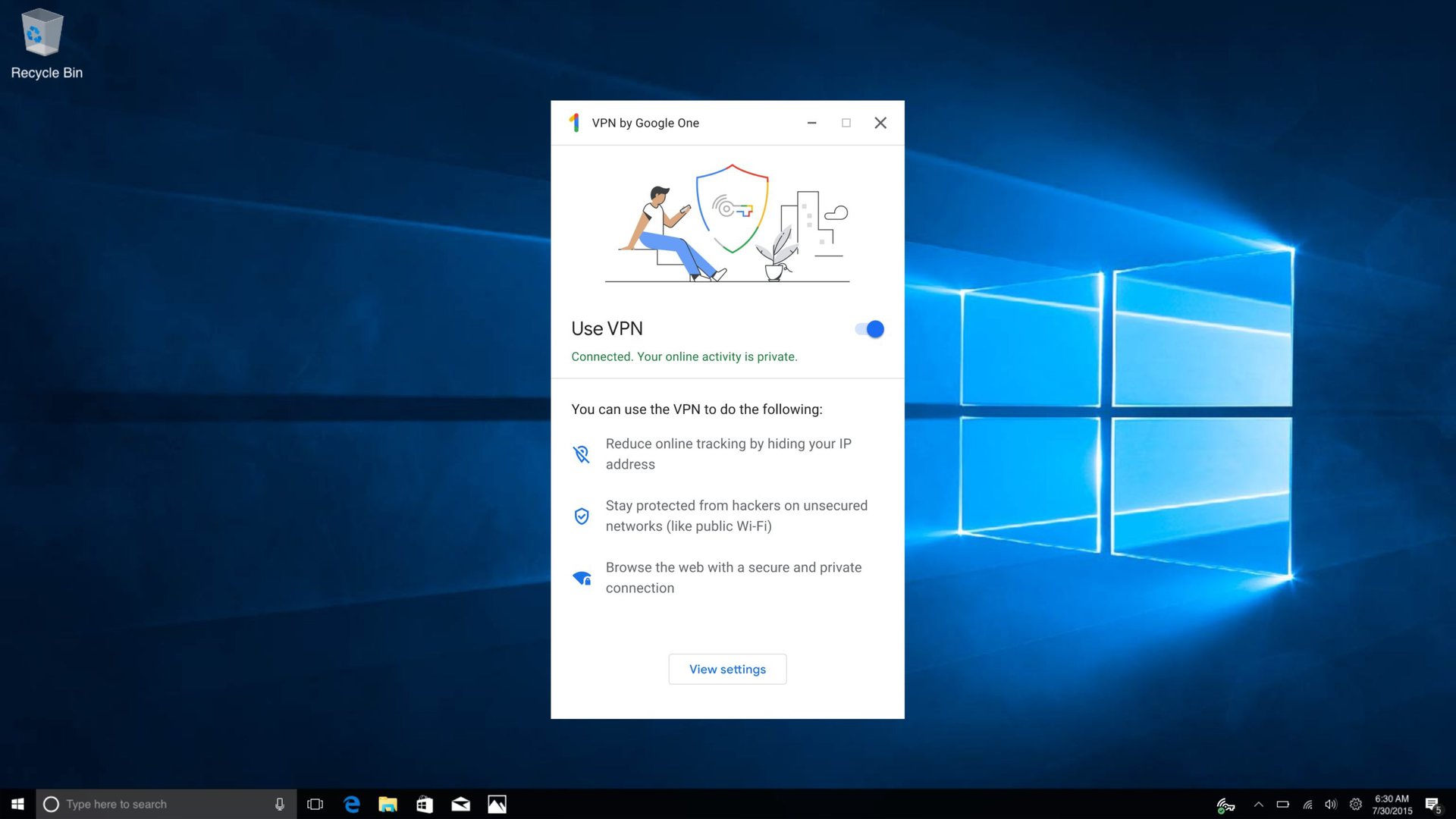 A screenshot of the VPN by Google One Windows app.