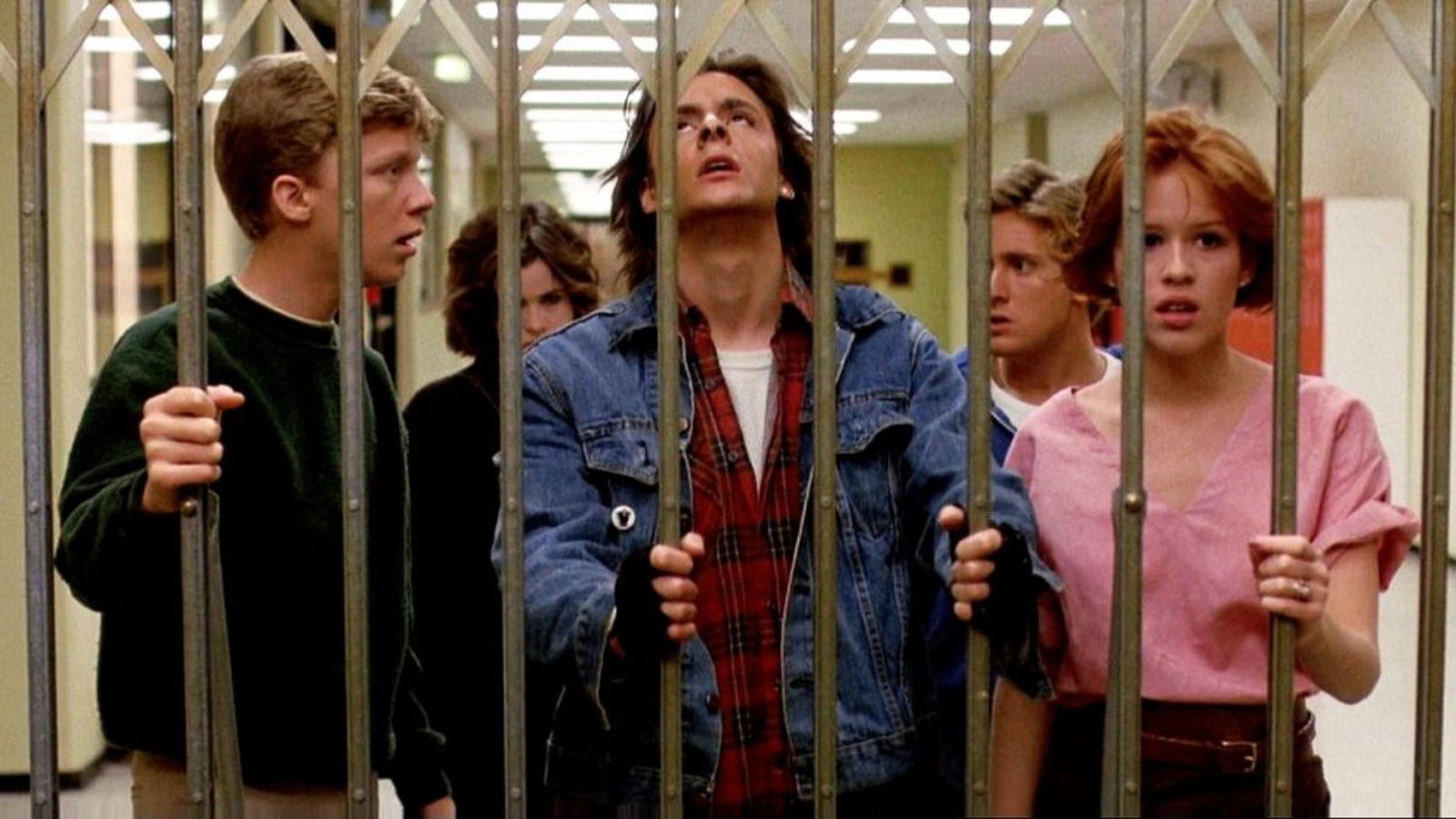 The cast of the Breakfast Club roam the school hallways.