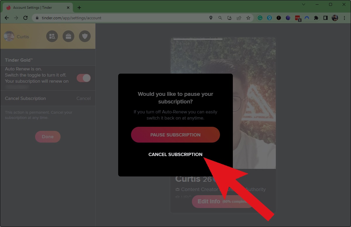 click cancel subscription on tinder site