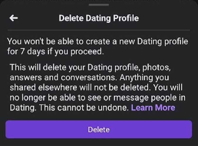 delete dating profile confirmation button