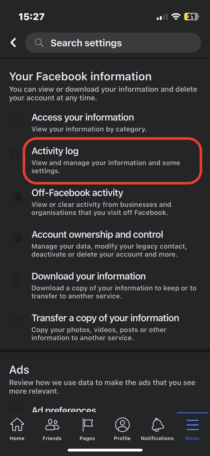 facebook mobile app activity log