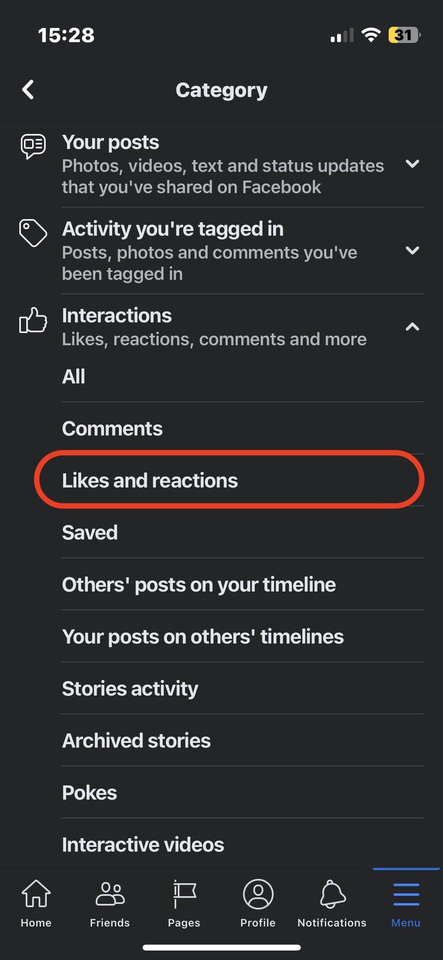facebook mobile app category likes reactions
