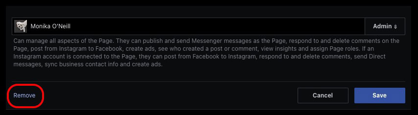 facebook page admin remove admin
