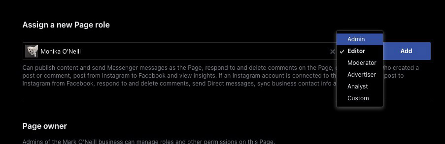 facebook page assign page role to admin